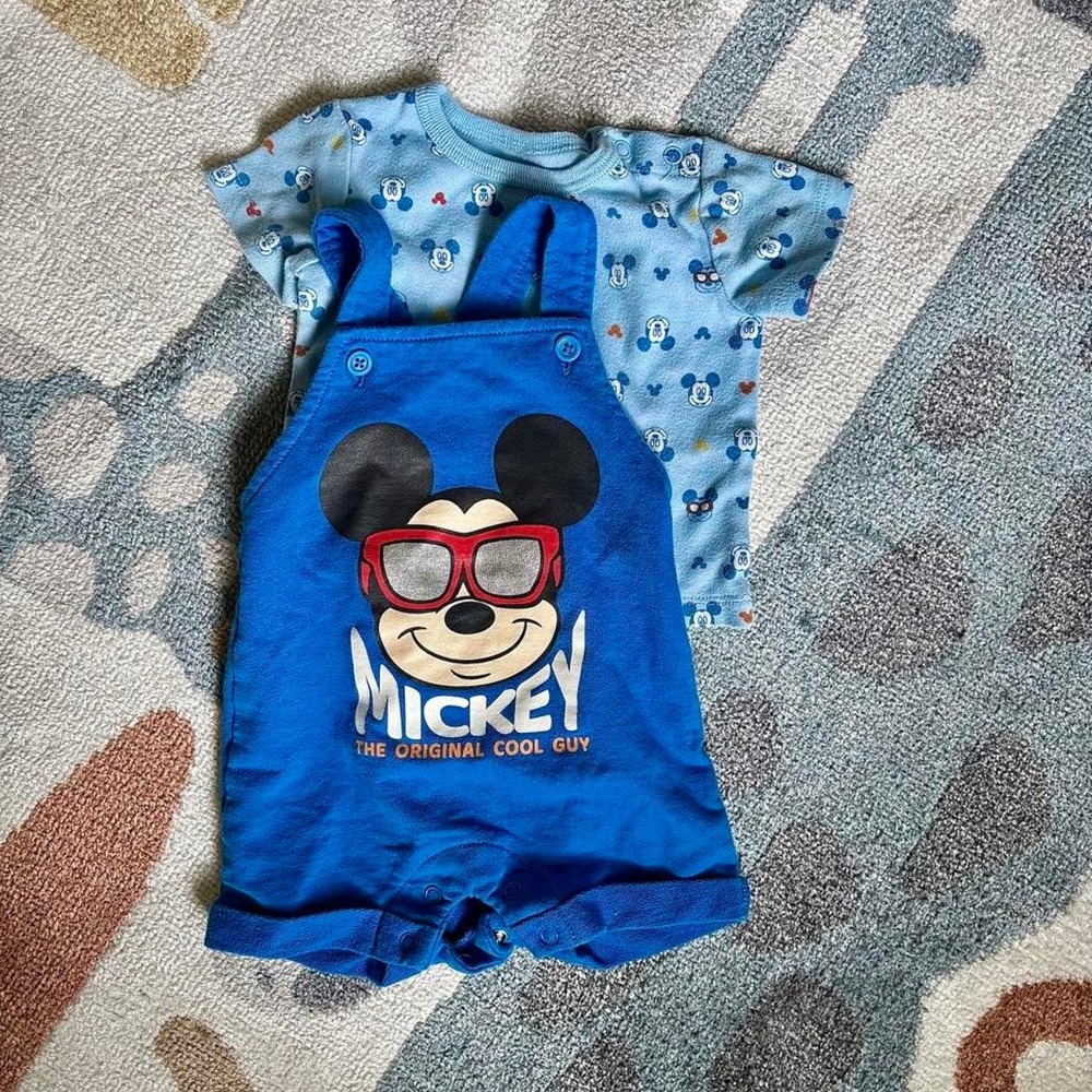 Disney Blue Mickey Mouse "Original Cool Guy" Overall Romper Set Size 3M